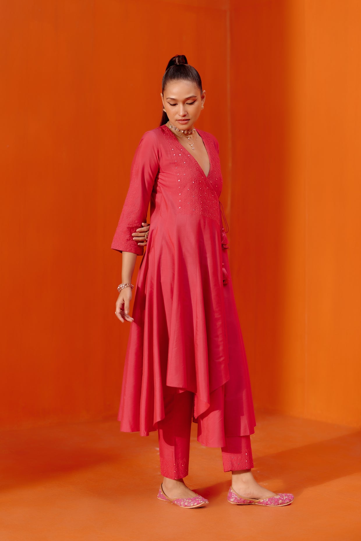 Buy Jaipur Kurti Angrakha Style Printed Pink And Grey Long Flared Kurta  online